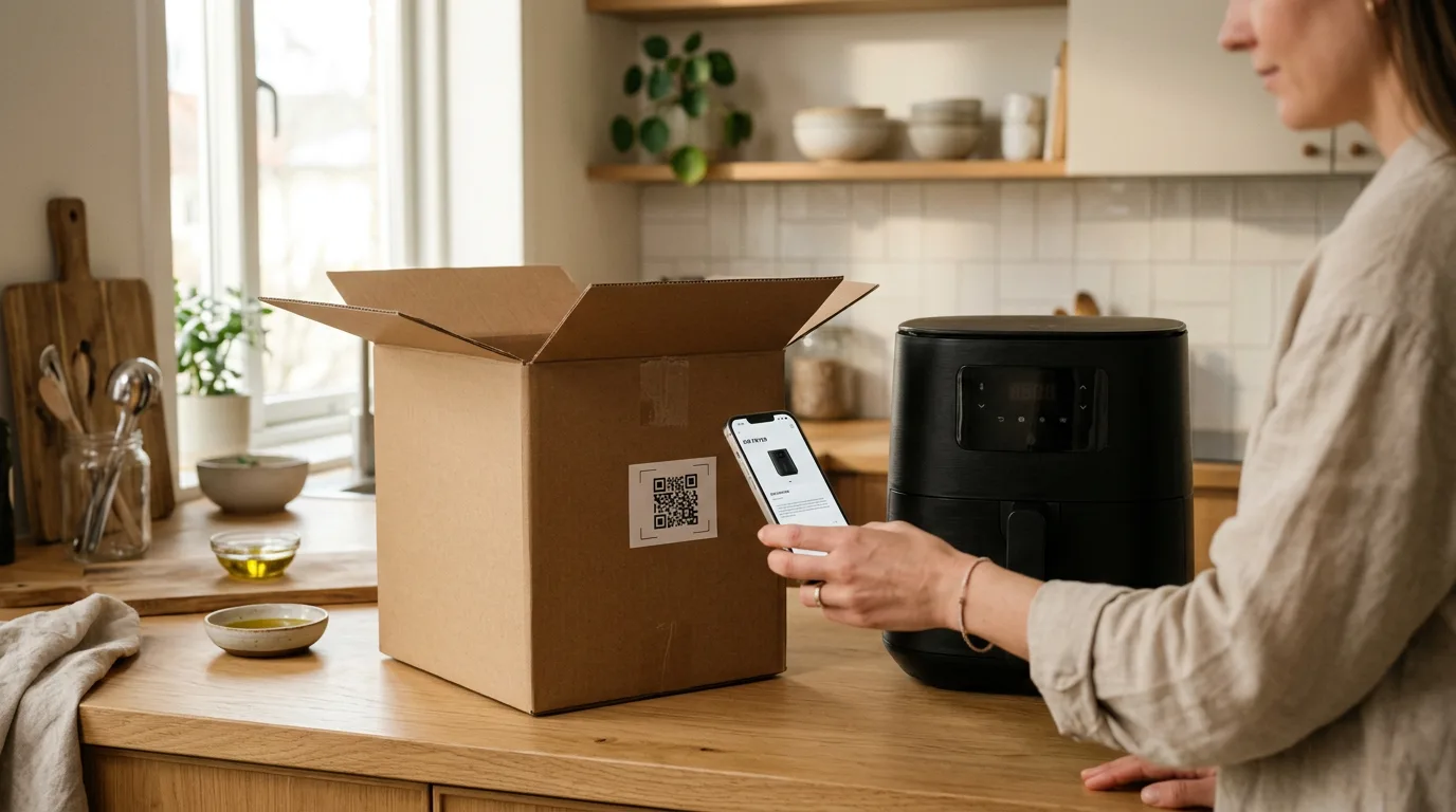 An air fryer on a kitchen counter next to its box; a hand holds a phone up to the QR label on the box.